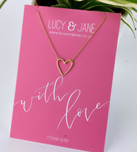 Load image into Gallery viewer, simple gold heart necklace on a with love card