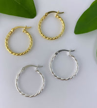 Load image into Gallery viewer, sterling silver or gold rope twist hoops