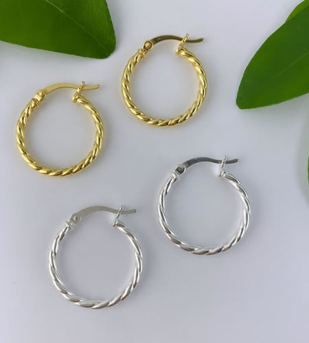 sterling silver or gold rope twist hoops