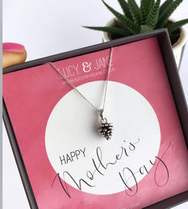 pine cone necklace in a gift box with your choice of message card