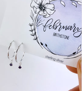 Sterling Silver Birthstone Hoop Earrings - Choose Your Month