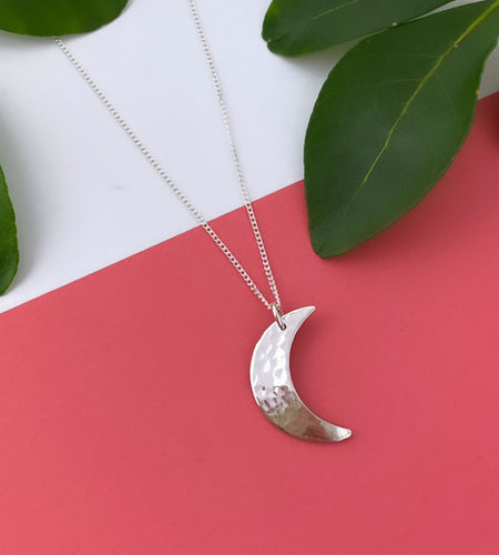 hand made hammered sterling silver moon necklace