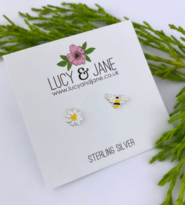 sterling silver mismatched bee and flower earrings