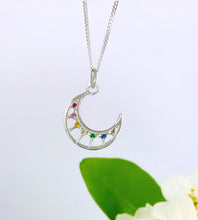 Load image into Gallery viewer, sterling silver crescent moon necklace with rainbow sparkles