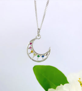 sterling silver crescent moon necklace with rainbow sparkles
