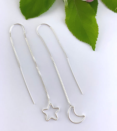 Sterling Silver Mistmatched Star And Moon Threader Earrings