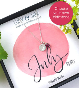 Sterling Silver Birthstone Initial Disc Necklace