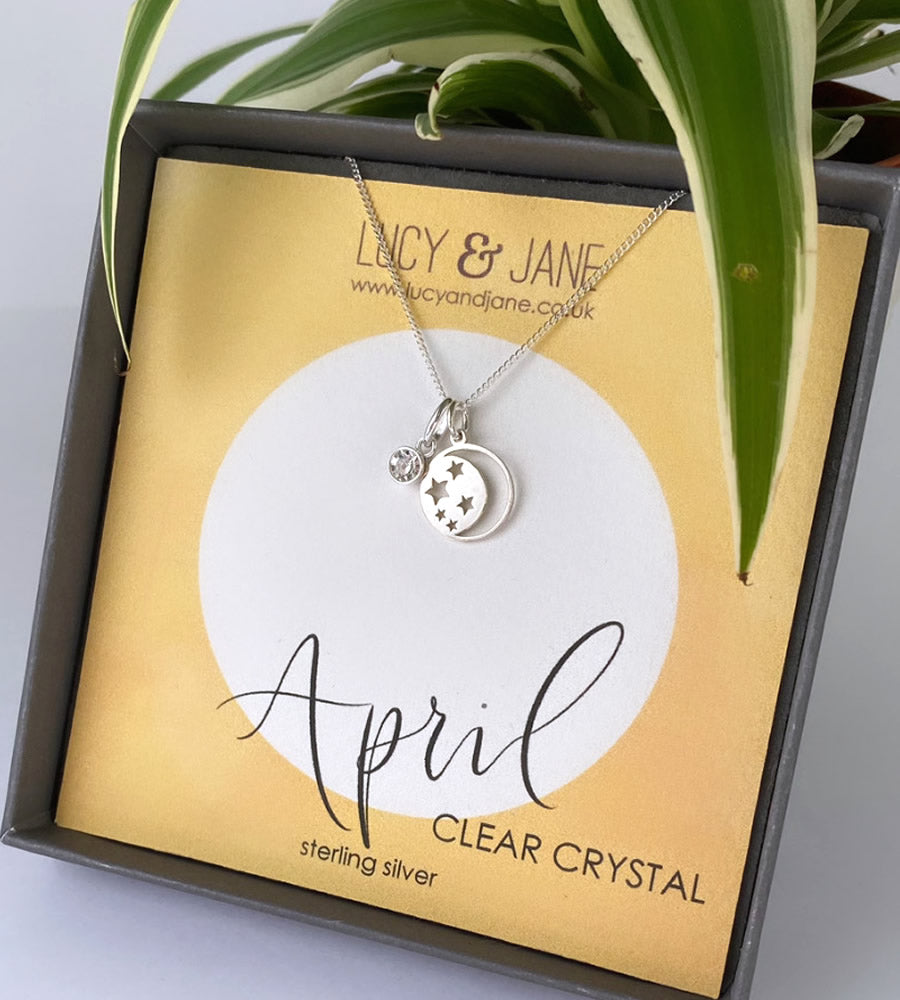 sterling silver moon and stars birthstone necklace for april