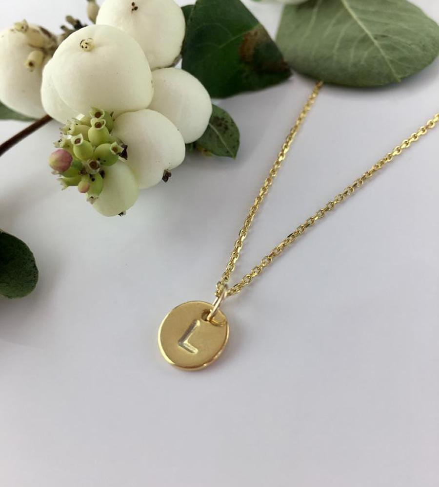 handstamped gold letter necklace