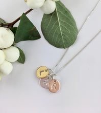 Load image into Gallery viewer, personalised initials necklace with three letters - one initial in gold, one initial in silver and the third initial in rose gold
