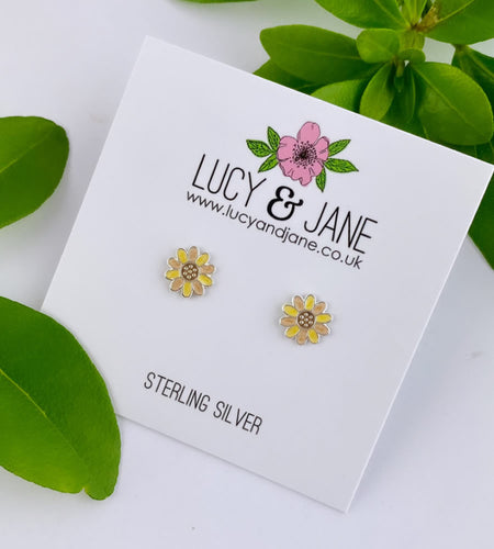 sterling silver sunflower studs in different shades of yellow